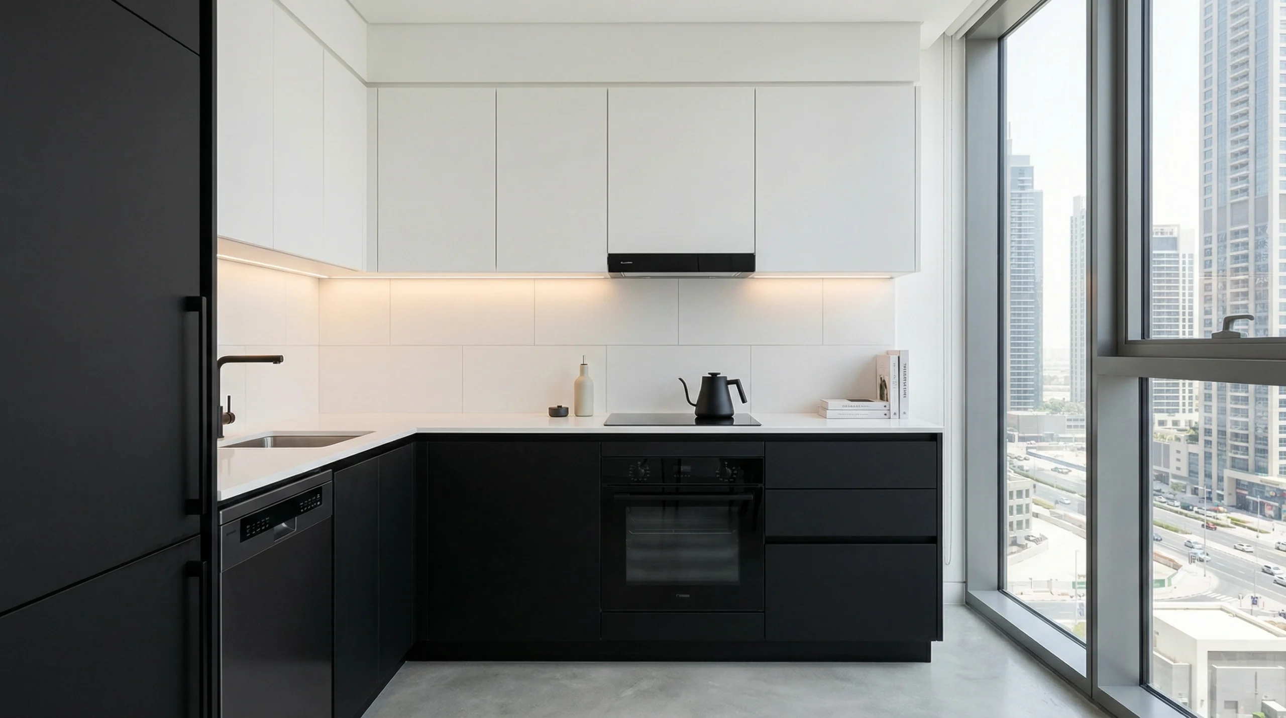 minimalist kitchen cabinetry Downtown Dubai apartment carpentry UAE