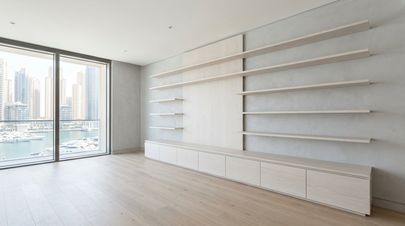 Minimalist bleached ash floating shelves and media unit in a Scandinavian-inspired Dubai Marina apartment living room by Karnak Carpentry