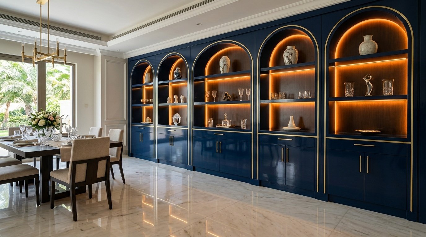 Deep navy blue built-in dining feature wall with arched niches and brass trim in Jumeirah Dubai home