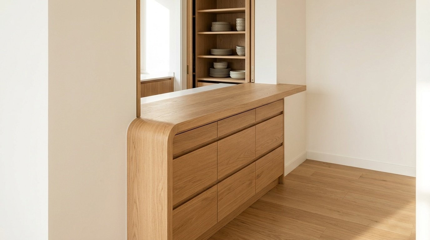 Built-in oak pass-through serving counter between dining and kitchen in Jumeirah Park Dubai villa