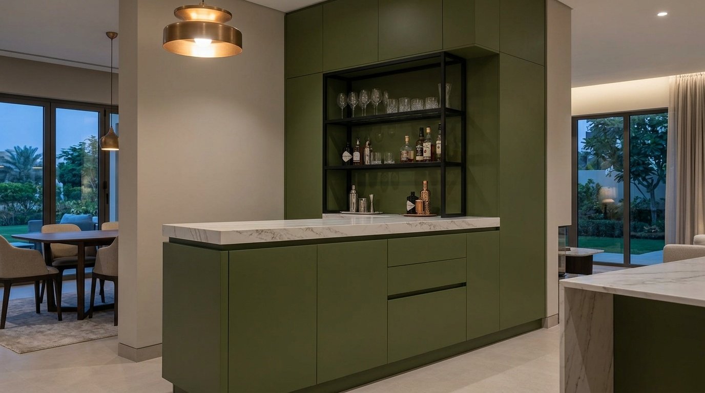 Olive green built-in dining bar cabinet with black steel open shelving and marble-effect top in Jumeirah Islands Dubai