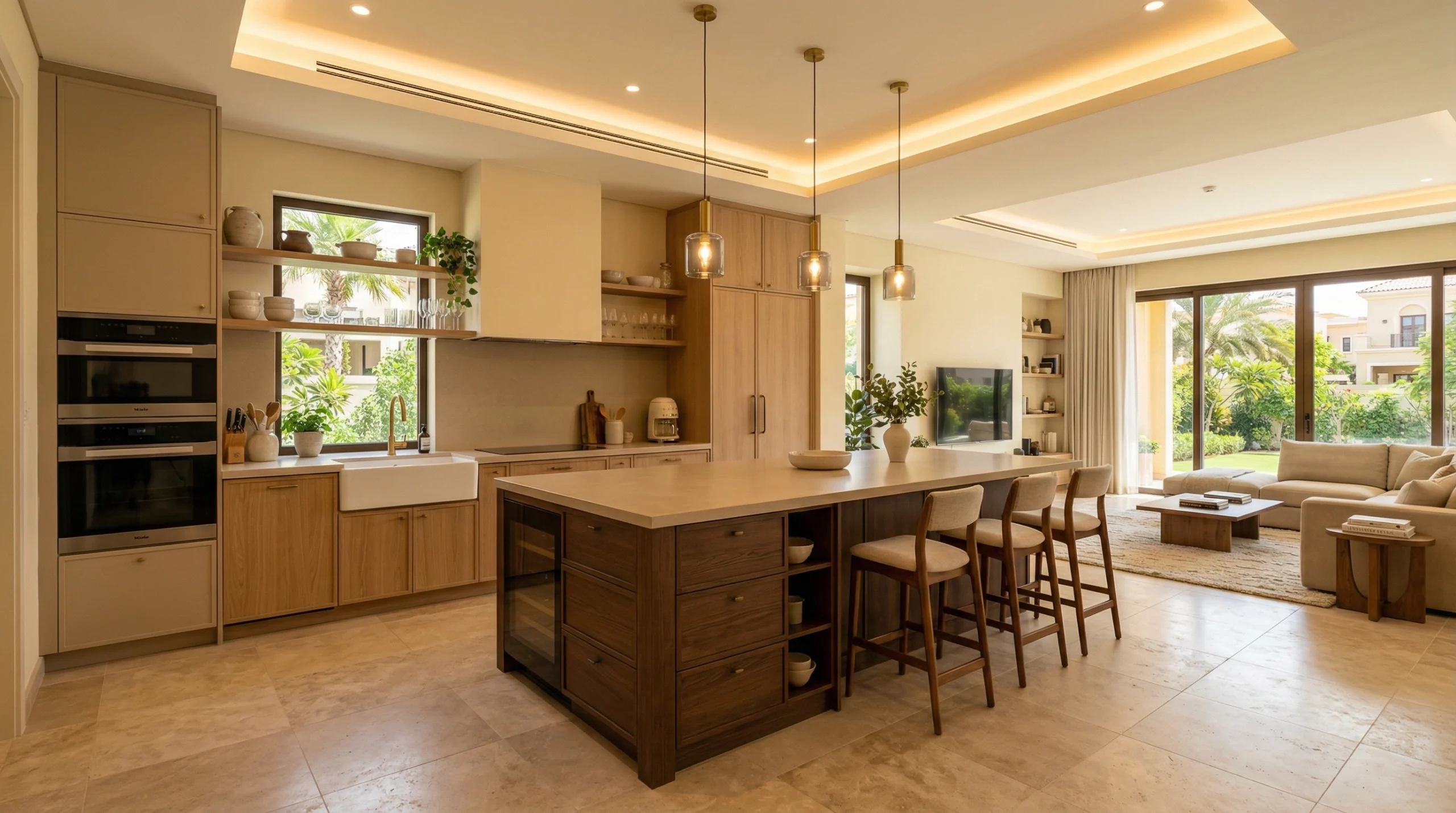 open plan villa kitchen Arabian Ranches Dubai cabinetry carpentry UAE