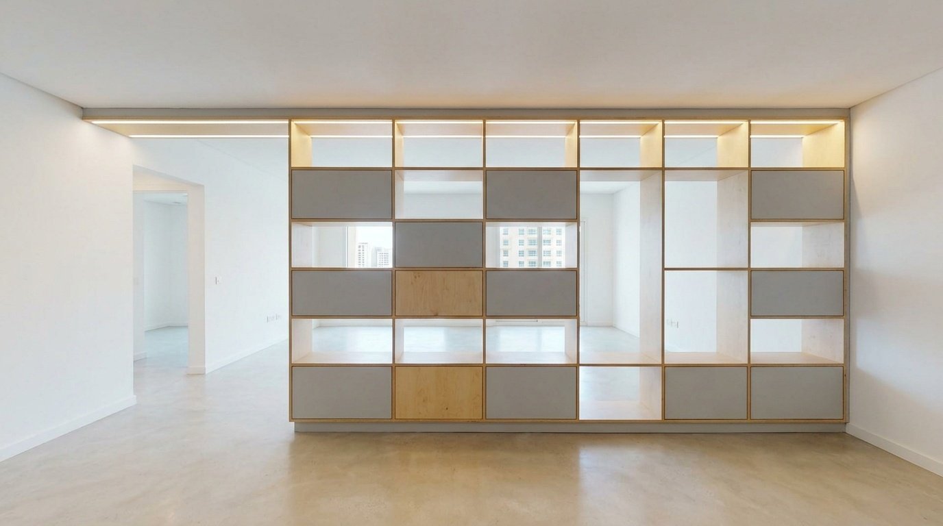 Custom two-tone open room divider bookcase in pale grey and birch plywood transforming an open-plan living space in Dubai Silicon Oasis by Karnak Carpentry