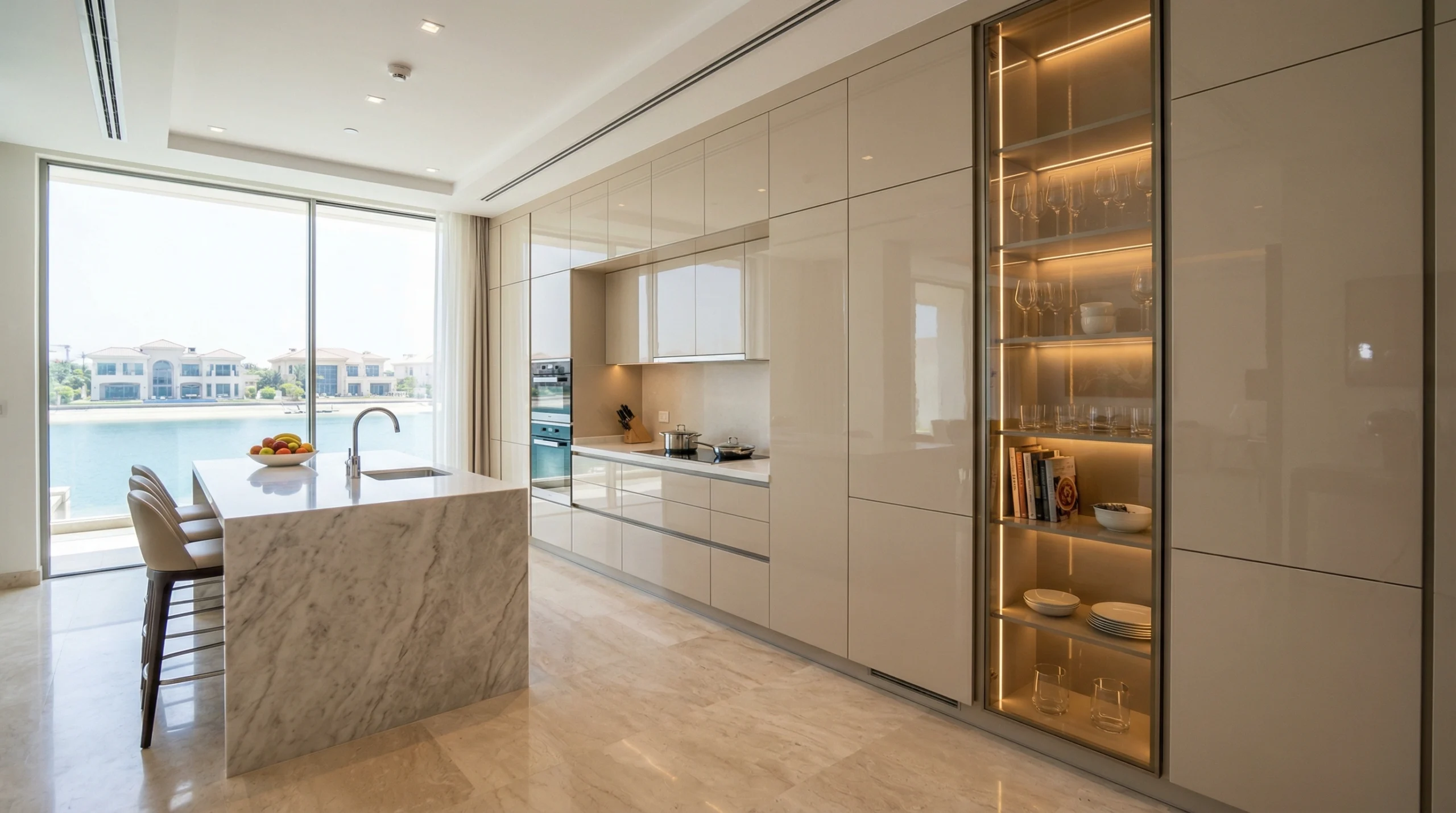 Glossy beige lacquer kitchen cabinets with integrated appliances in Palm Jumeirah UAE