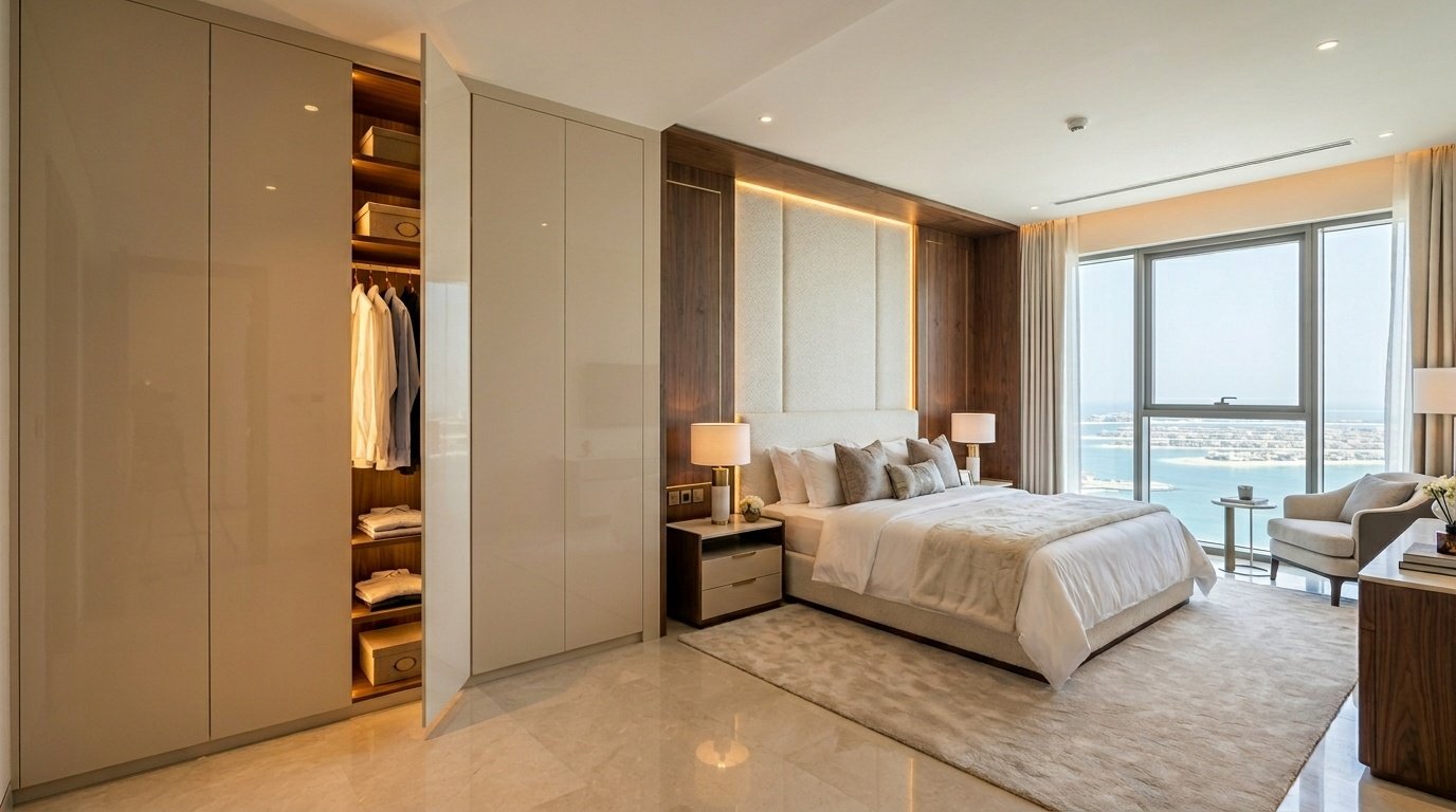 High-gloss beige lacquer built-in wardrobes with custom headboard in Palm Jumeirah bedroom