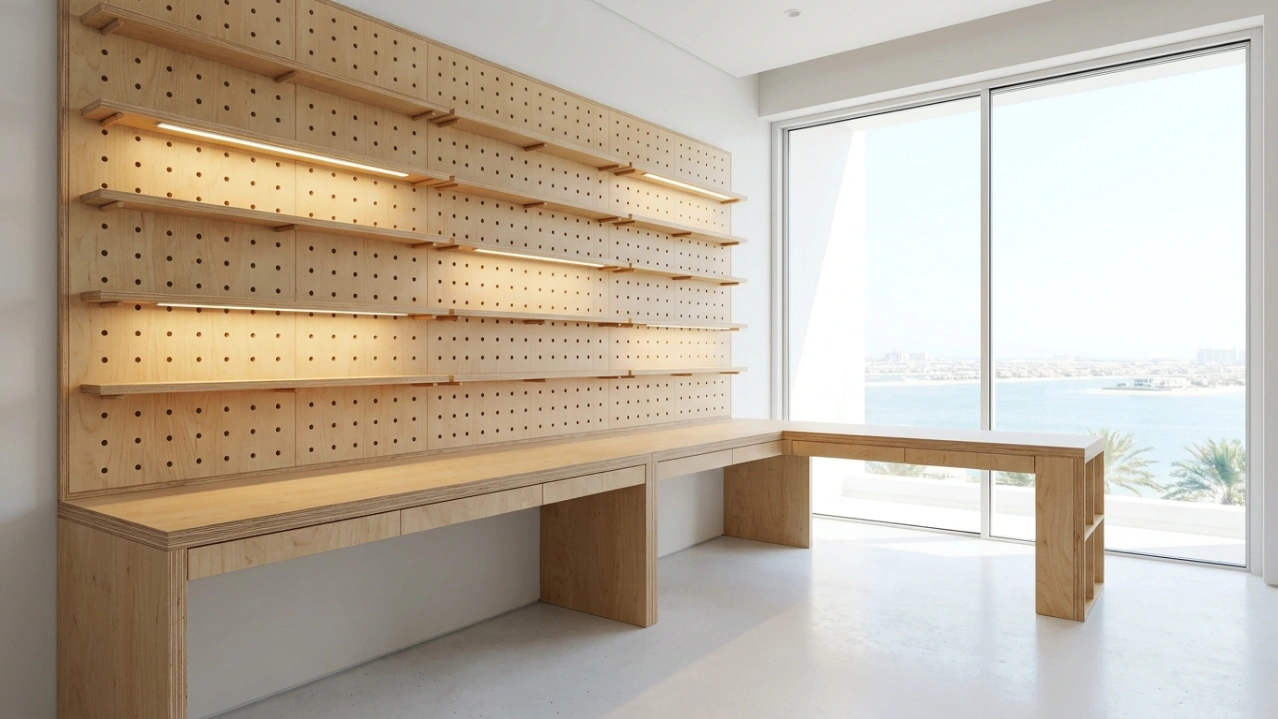 Natural birch plywood creative studio home office with pegboard wall and adjustable timber shelf rails in a Palm Jumeirah villa by Karnak Carpentry