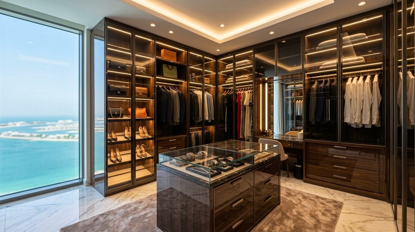 Palm Jumeirah walk-in wardrobe Dubai luxury carpentry UAE apartment