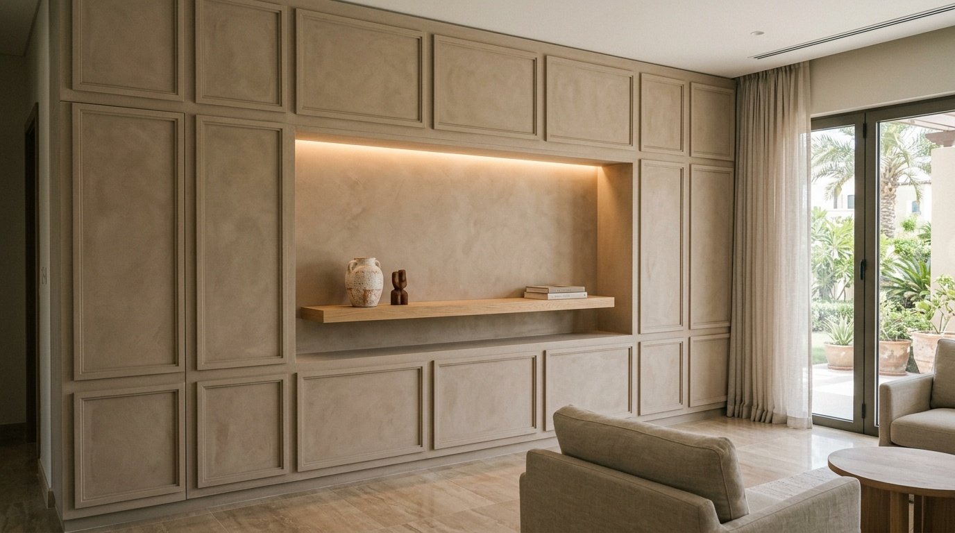 Custom built-in clay panel wall with inset niche and LED wash in Villanova Dubailand villa living room