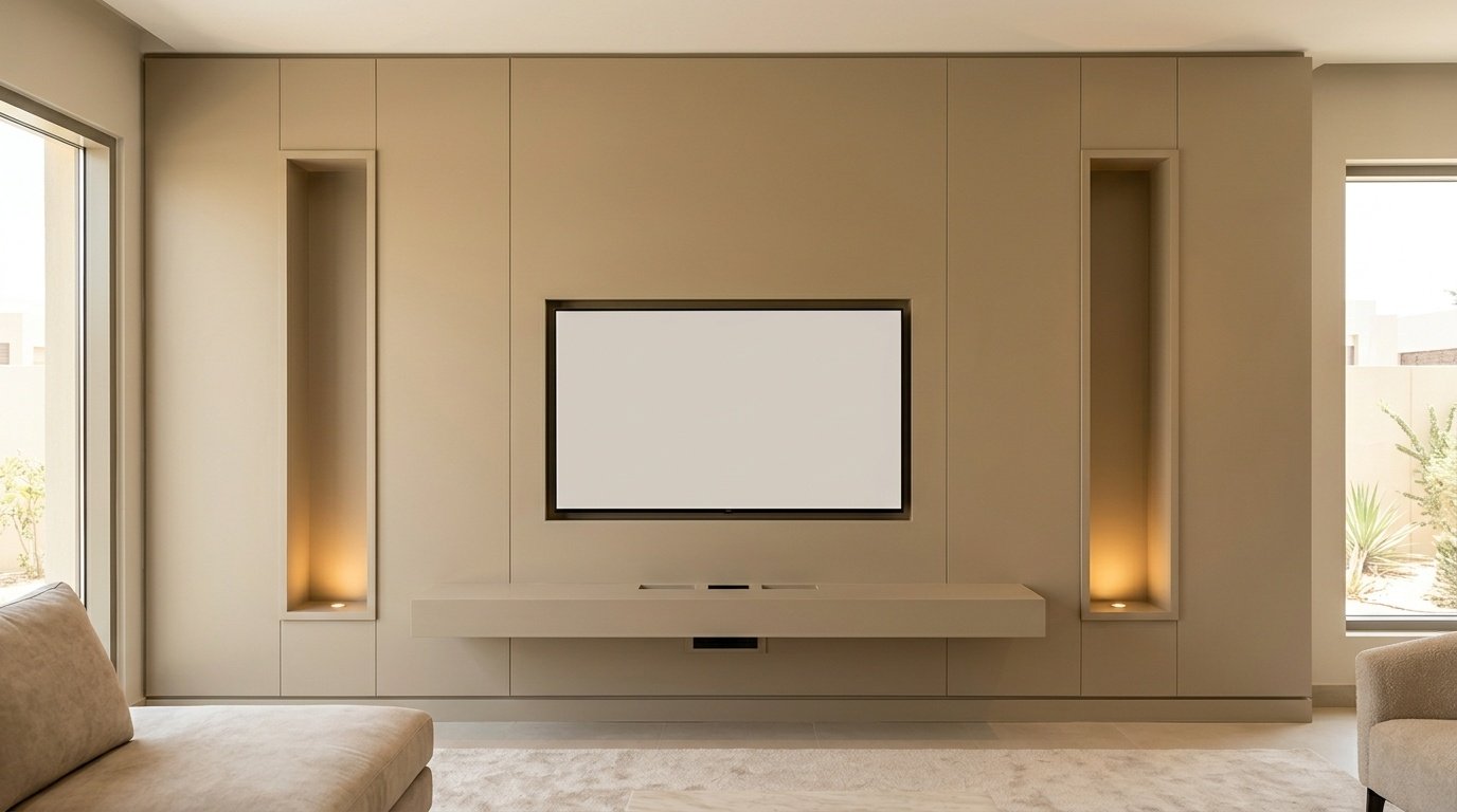 Custom built-in panel wall with floating media shelf and flanking niches in putty tone in Motor City Dubai villa