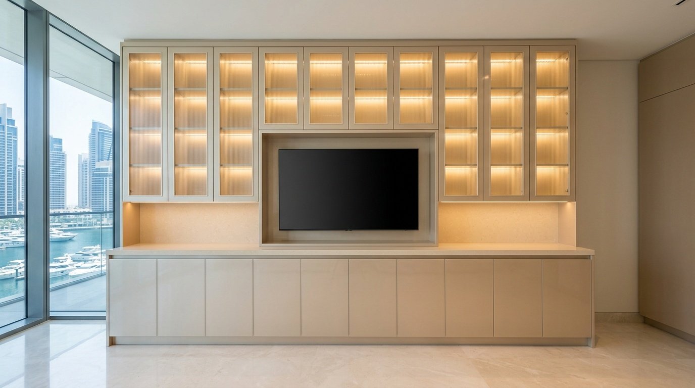 Custom built-in entertainment and bar wall unit in champagne lacquer with backlit fluted glass in Dubai Harbour penthouse