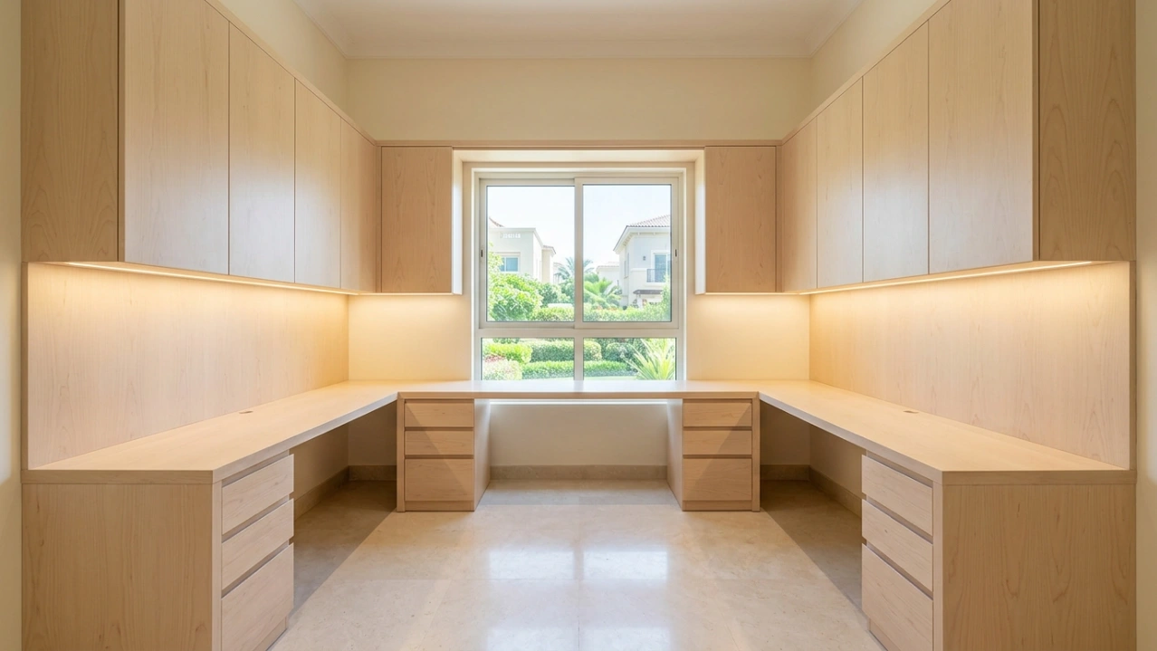 Custom fitted three-wall perimeter home office desk and cabinets in pale birch veneer in Meadows Dubai villa