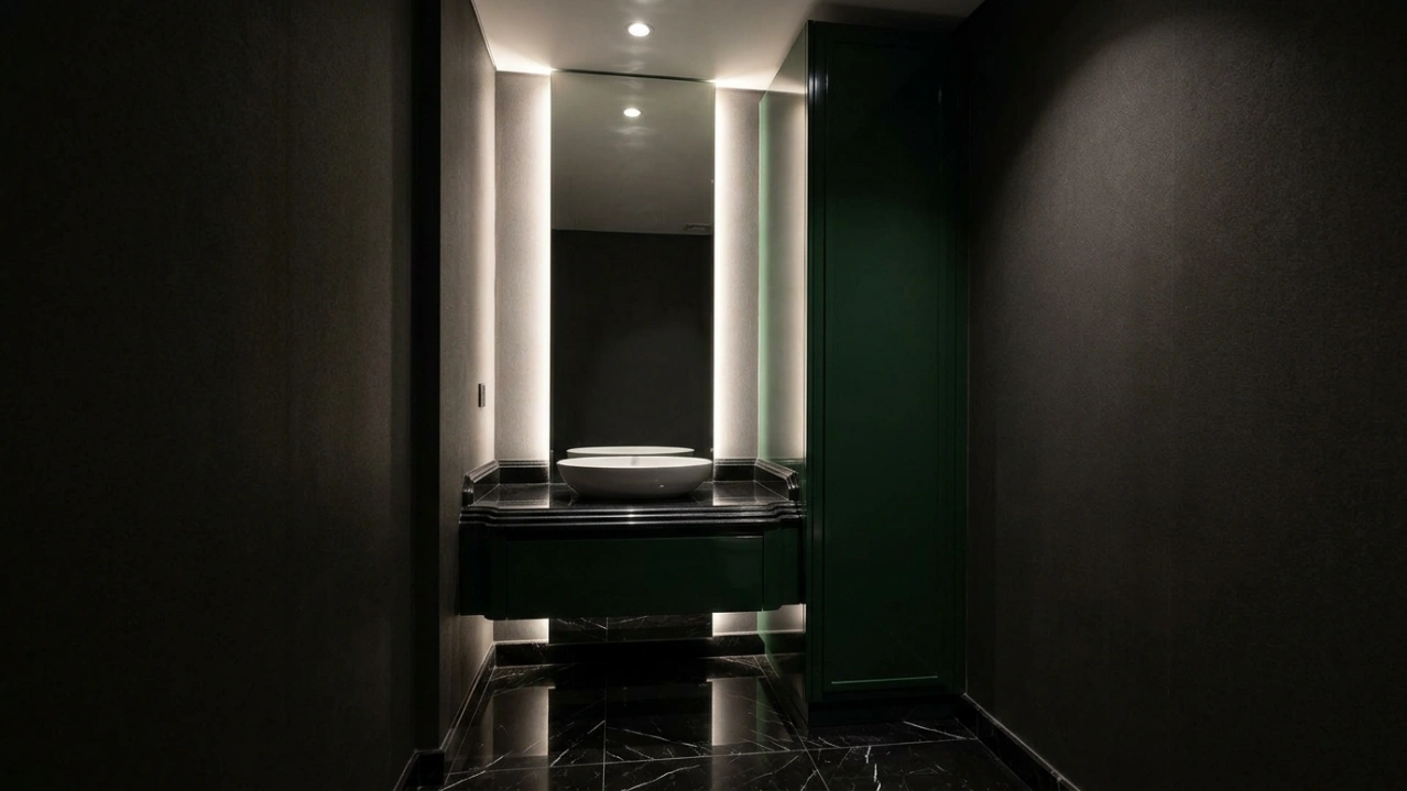 Dramatic powder room vanity in forest green gloss lacquer with black granite surface and floor-to-ceiling backlit mirror in Downtown Dubai apartment by Karnak Carpentry