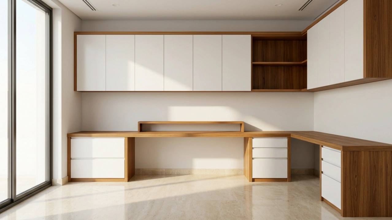 Premium bespoke home office with continuous teak worktop, filing towers, and integrated storage in a Dubai villa by Karnak Carpentry