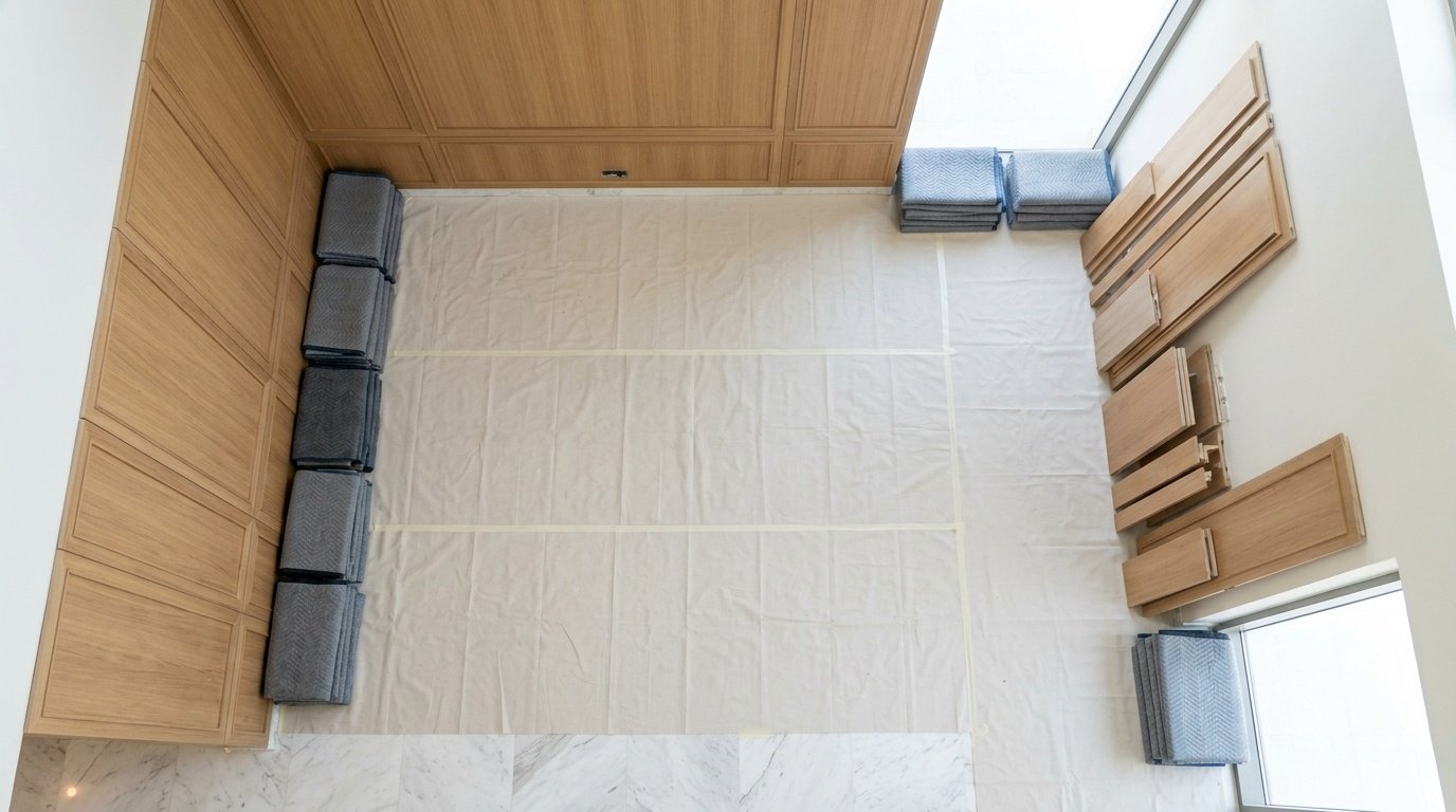 Overhead view of an organized mid-installation living room carpentry site with staged components and protective floor covers in a Dubai villa by Karnak Carpentry