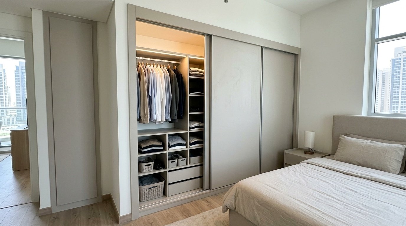 reach-in fitted wardrobe Dubai bedroom sliding doors compact storage UAE