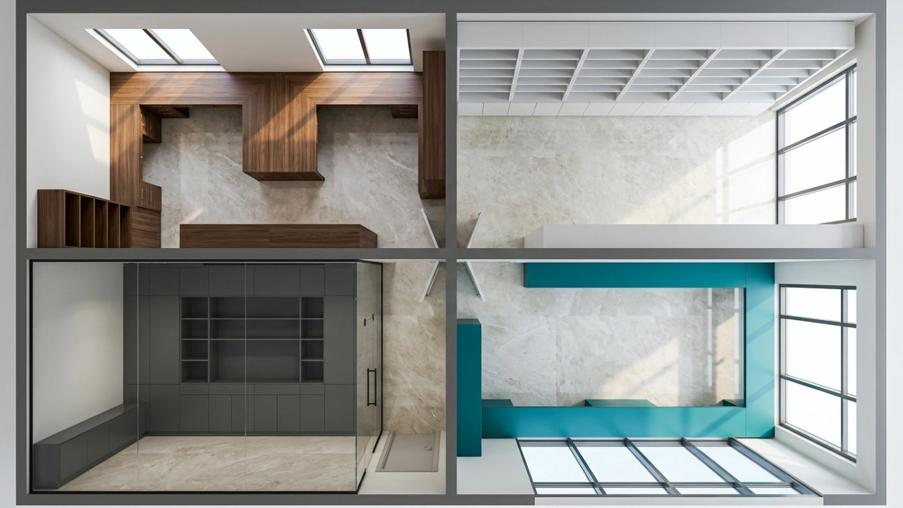 Aerial cross-section view of four distinct UAE home office carpentry configurations in contrasting finishes by Karnak Carpentry