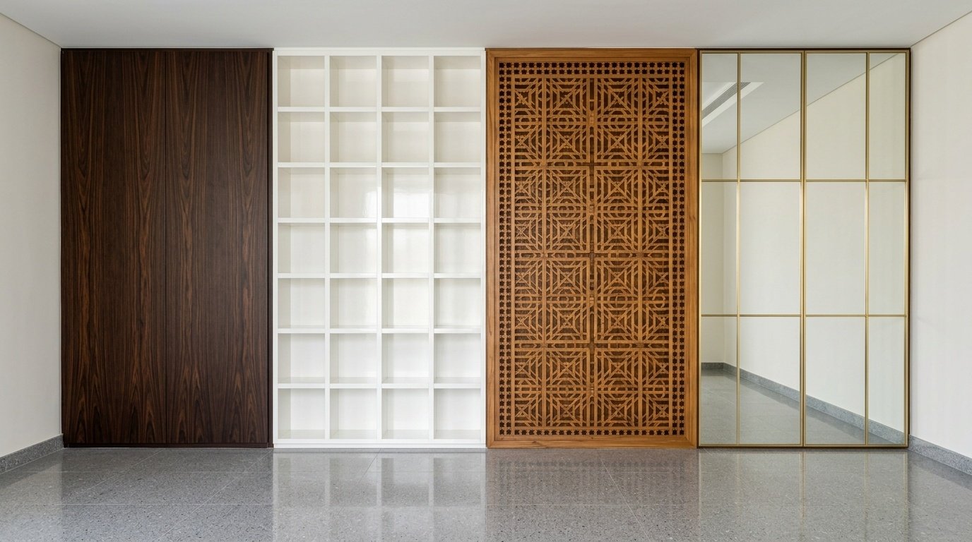 Gallery-style showcase of four custom living room carpentry finishes including wenge paneling, white lacquer shelving, carved teak screen, and mirror panels in UAE by Karnak Carpentry