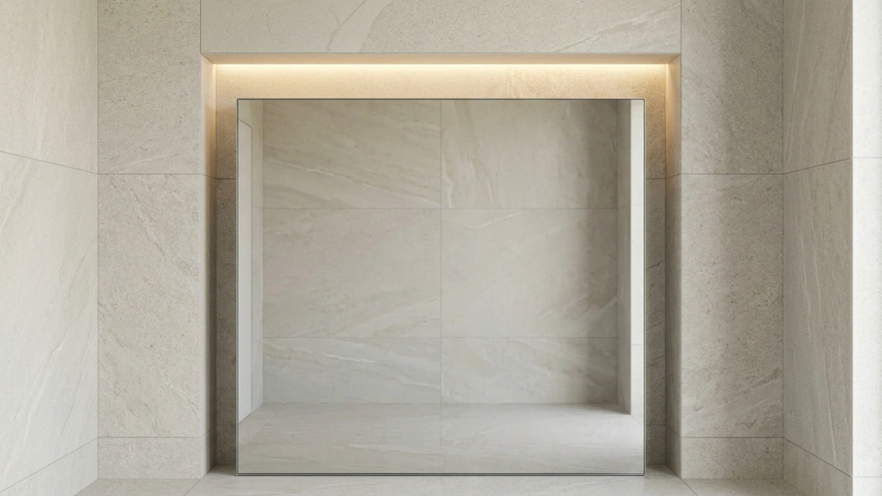 Flush-mounted recessed frameless mirror medicine cabinet with invisible push-release in a UAE villa bathroom by Karnak Carpentry