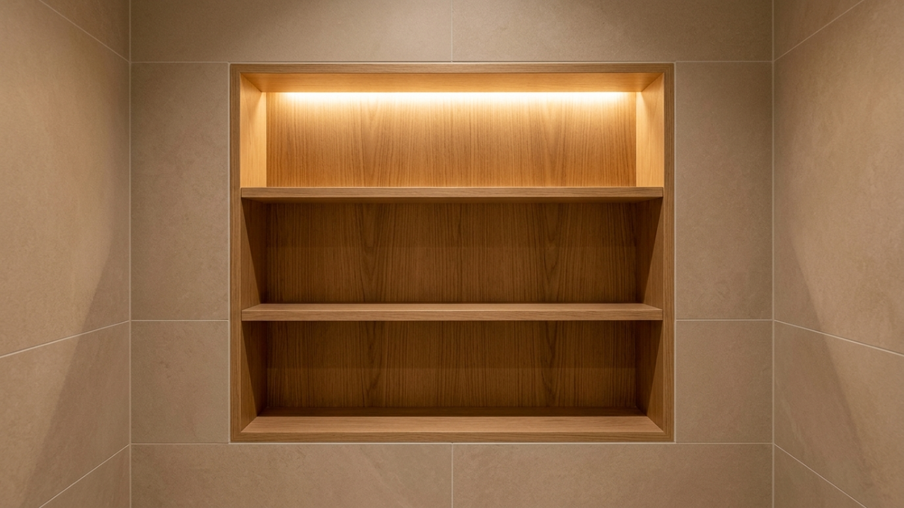 Custom built-in recessed shower niche with oak veneer lining and LED shelf in Meadows Dubai villa en-suite bathroom