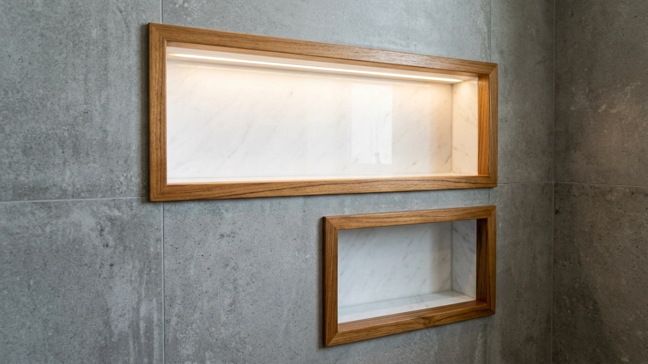 Custom recessed shower niches with teak wood lip frame and marble tile interior with LED lighting in a UAE villa by Karnak Carpentry