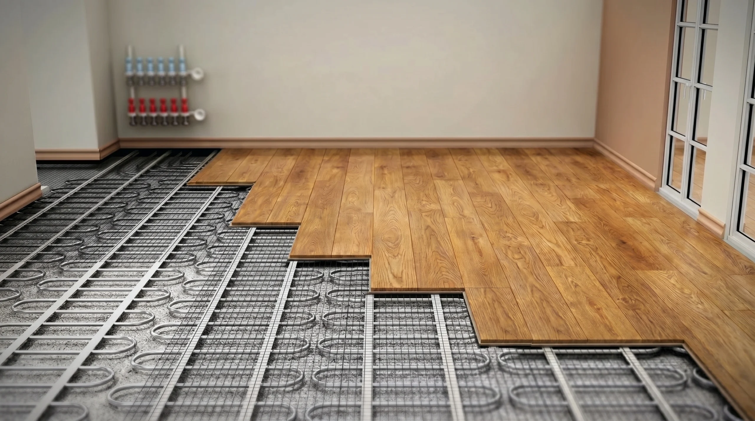 Underfloor electric heating cable mat being covered by engineered hardwood flooring installation in Mirdif Dubai villa showing integrated heating system carpentry
