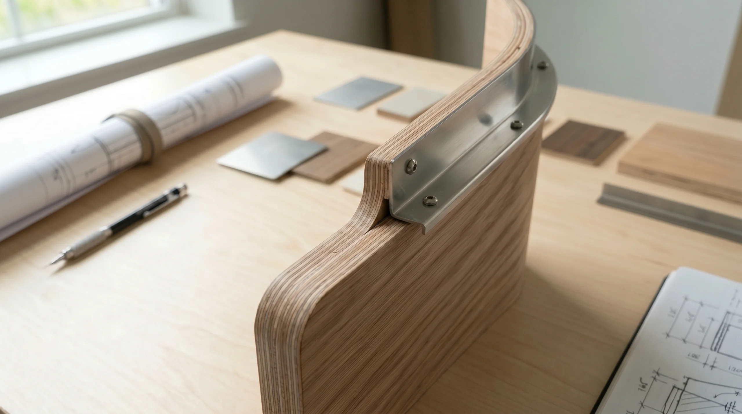 Precision measurement of a complex joinery prototype joint for technical review.