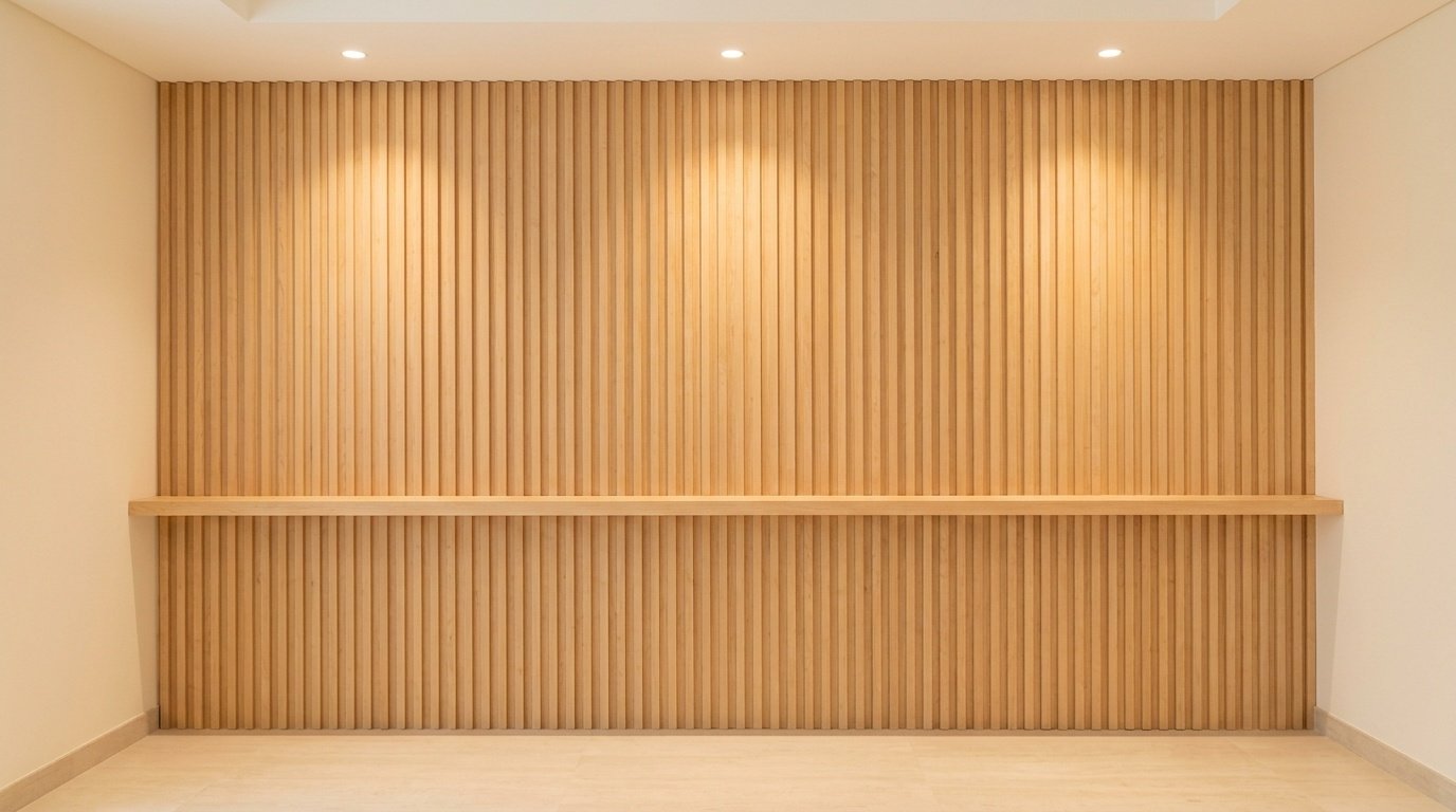 Custom built-in ribbed pale birch timber panel wall with integrated picture ledge shelf in Mudon Dubai villa living room