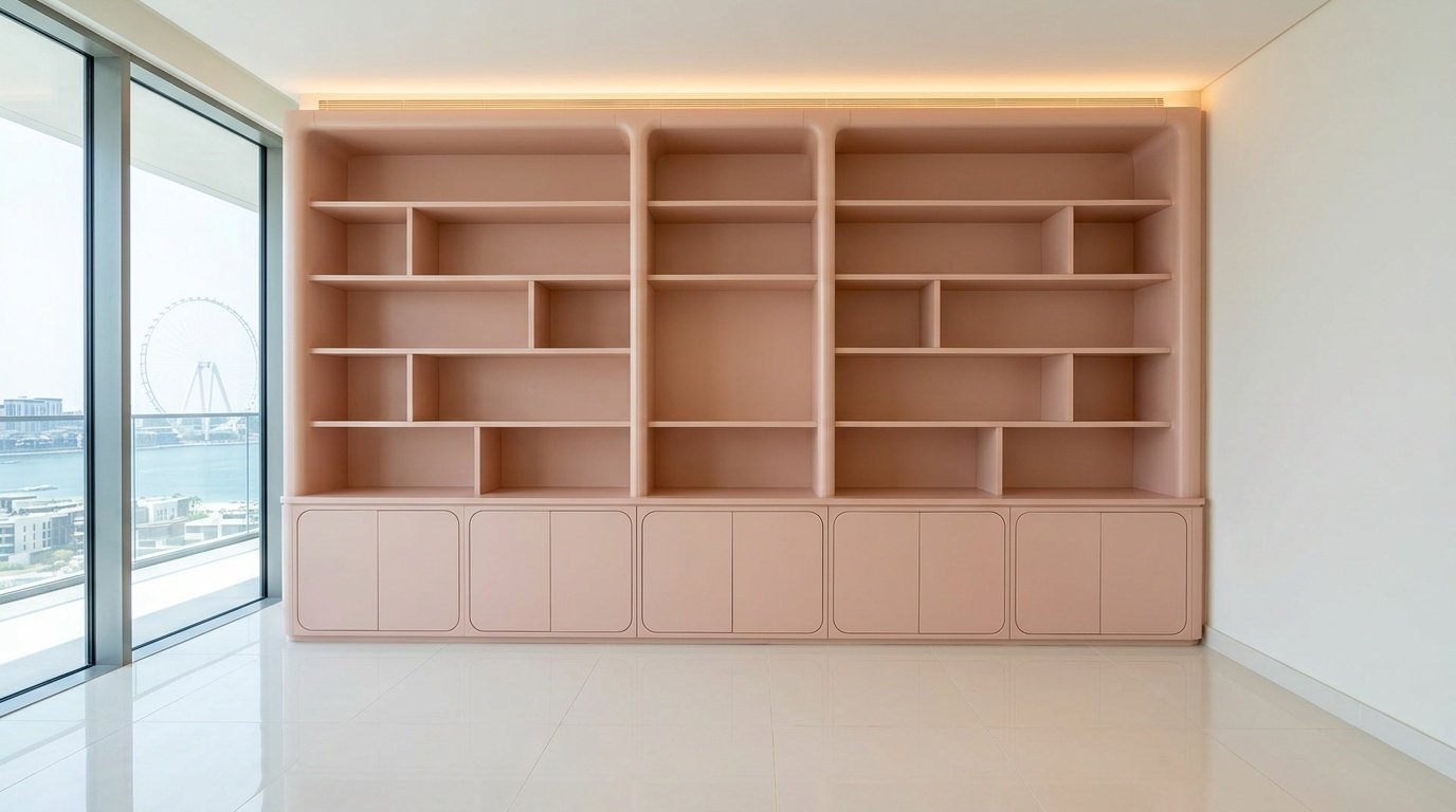 Custom built-in rounded-edge shelving and storage wall in blush pink lacquer in Bluewaters Island Dubai apartment