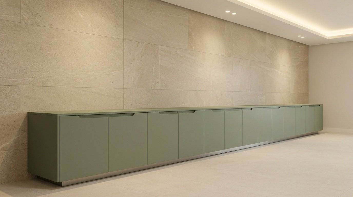 Matte sage green floating sideboard with groove handles and steel base rail in Fujairah villa dining room