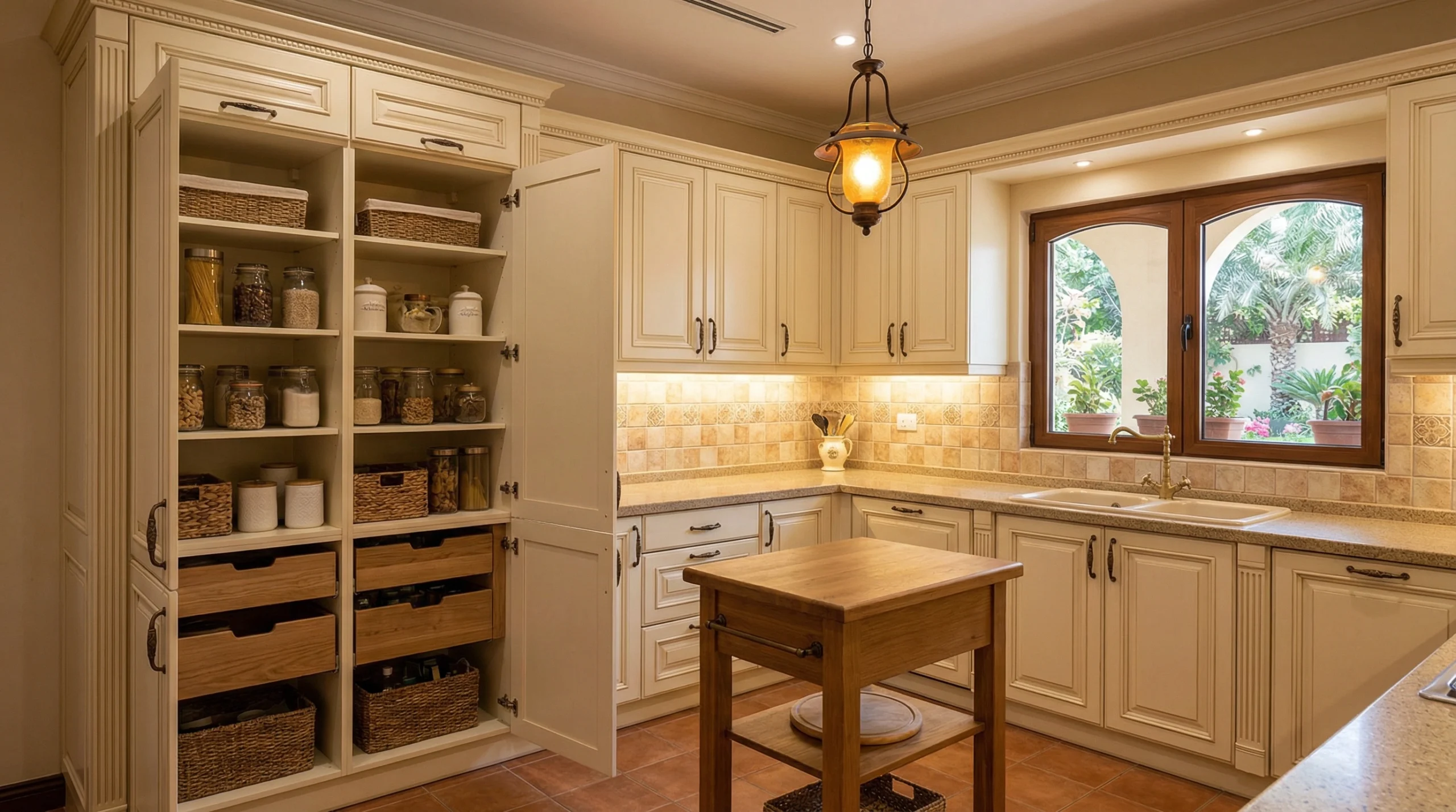 Classic cream kitchen cabinets with panel detailing in Sharjah villa UAE