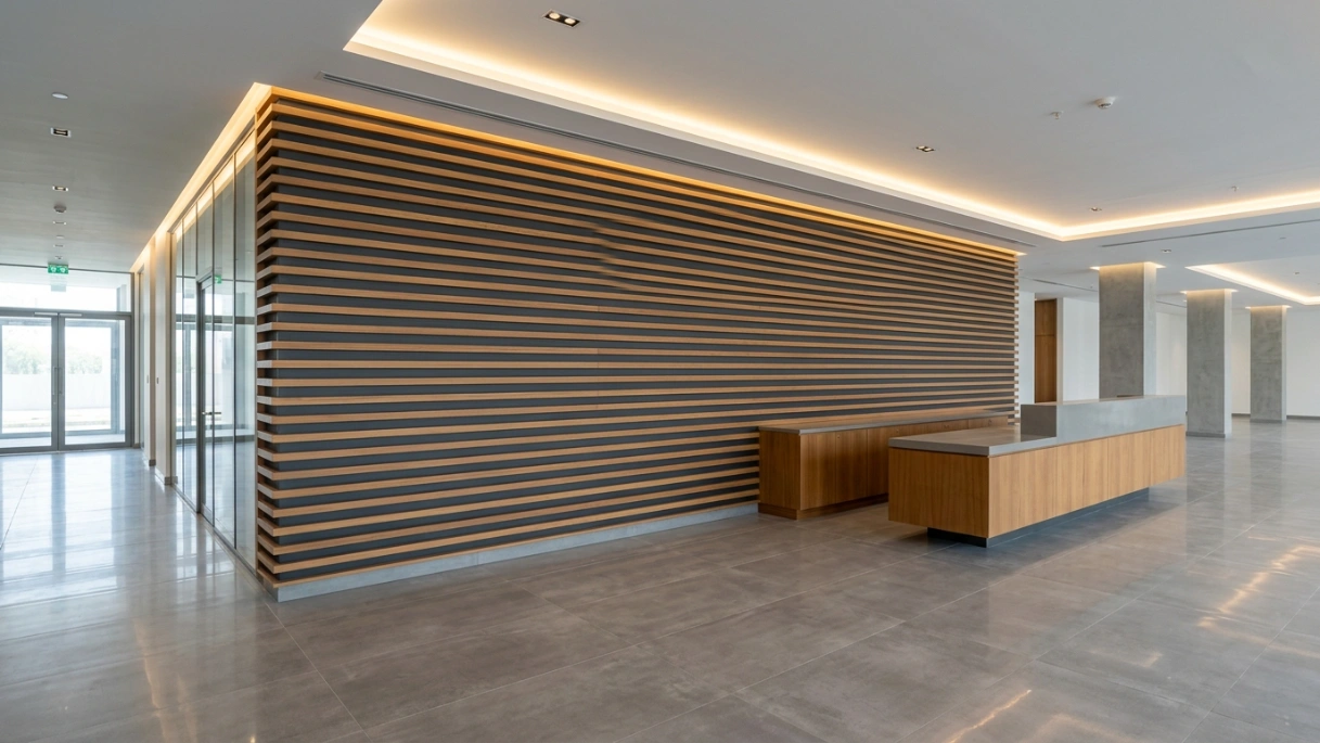 Corporate lobby renovation with teak horizontal batten wall cladding and floating reception counter in a Sharjah office building by Karnak Carpentry