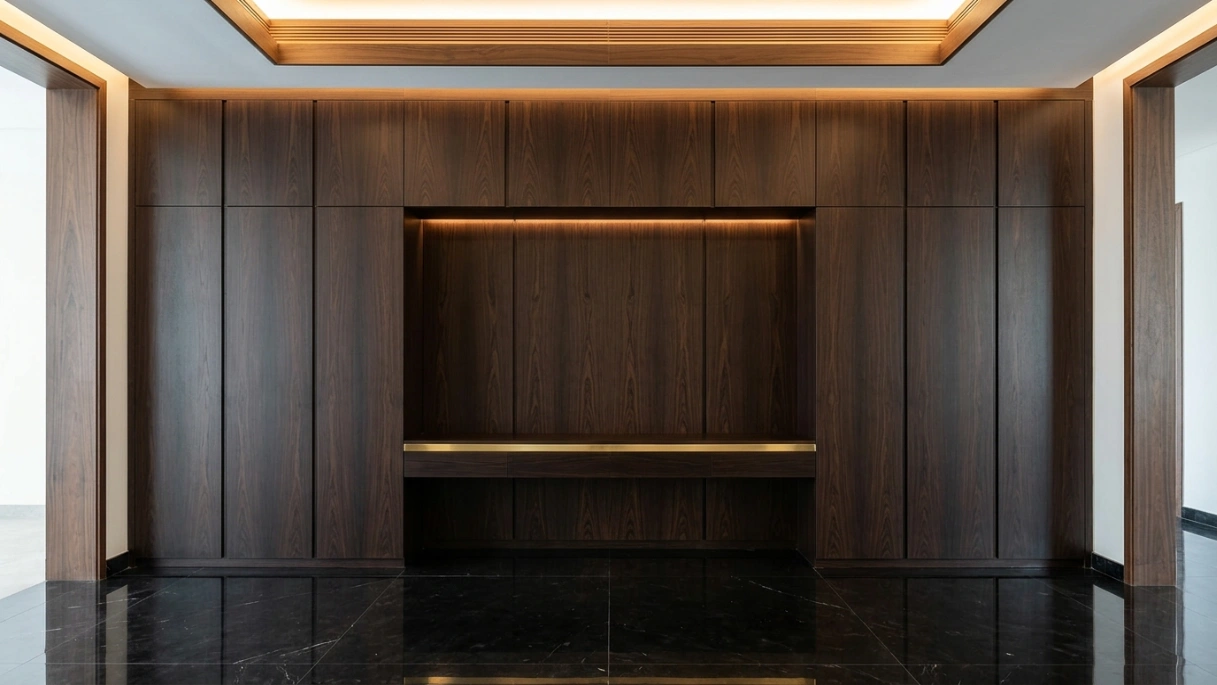 Showroom-quality entrance hall with book-matched wenge veneer wall system, brass console, and ceiling soffit in a Dubai villa by Karnak Carpentry