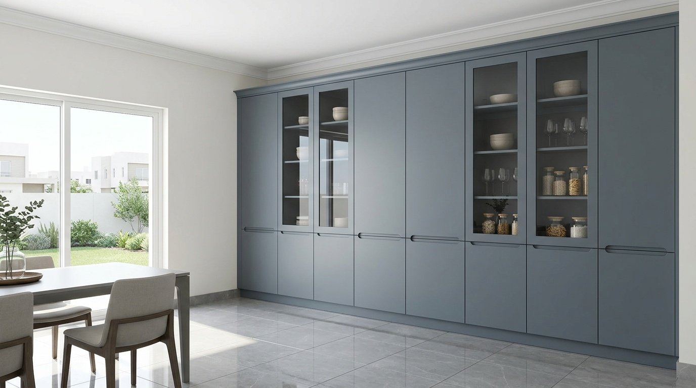 Full-height slate grey handleless dining pantry cabinet run with glass inserts in Umm Al Quwain villa