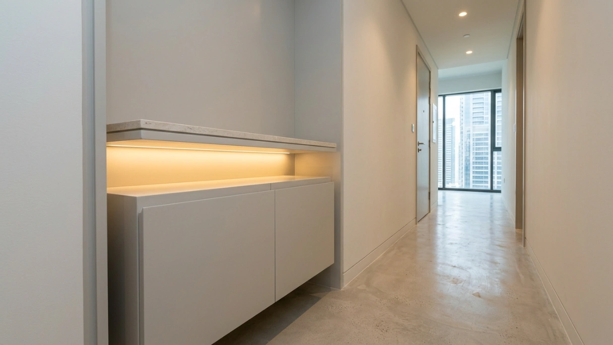 Custom built-in slim corridor console in pale grey with stone slab top in Business Bay Dubai apartment corridor