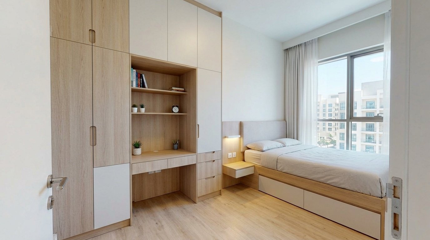 smart bedroom carpentry Dubai space saving wardrobes UAE apartment