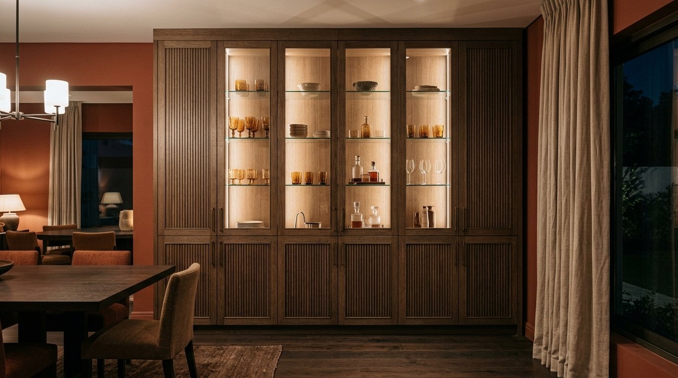 Smoked oak fluted panel dining display cabinet with internal lighting in Mirdif Dubai villa
