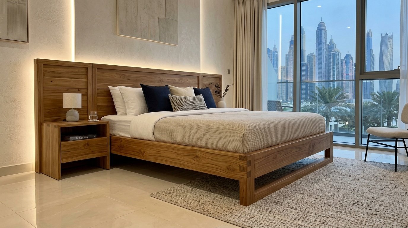 solid wood bed frame Dubai custom carpentry bedroom teak UAE