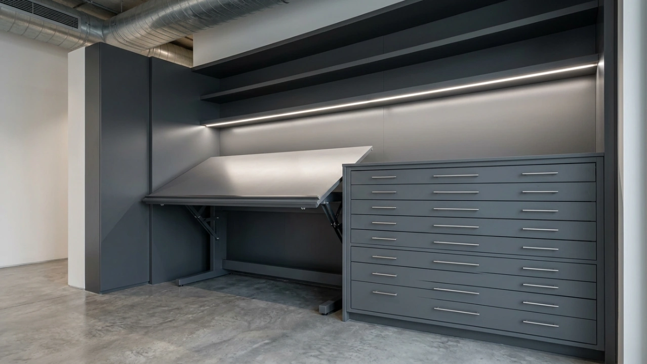 Custom built-in architect's drafting desk with adjustable surface and flat-file drawer cabinet in a Sharjah villa home workspace by Karnak Carpentry