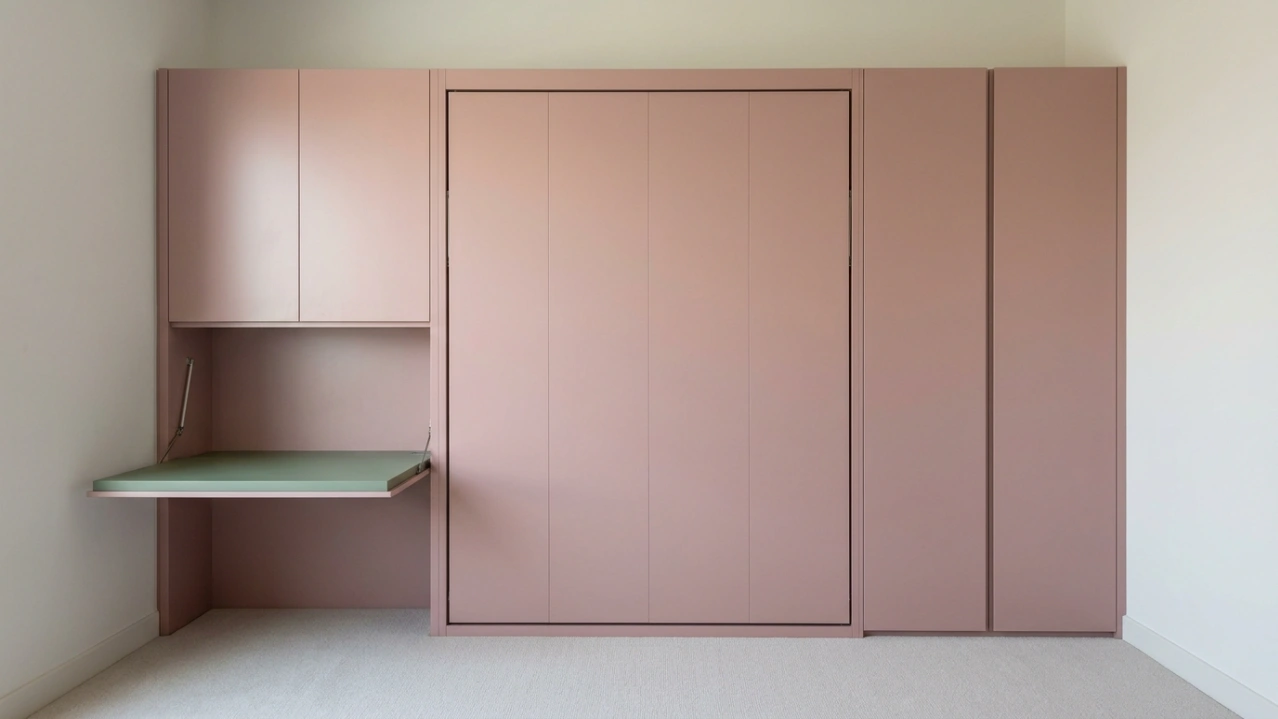 : Dual-purpose Murphy bed and home office in dusty rose lacquer with integrated fold-down desk in a Springs Dubai villa by Karnak Carpentry