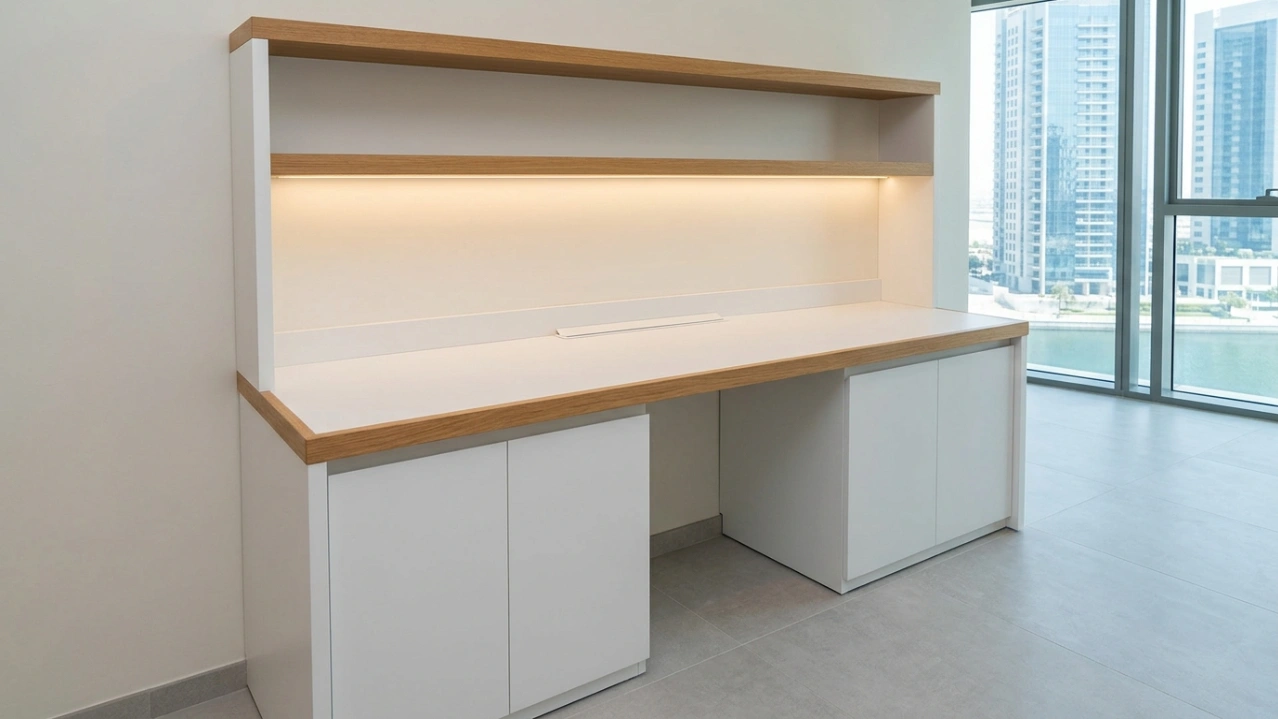 Custom built-in standing-height home office desk in white with oak trim accent in Reem Island Abu Dhabi apartment