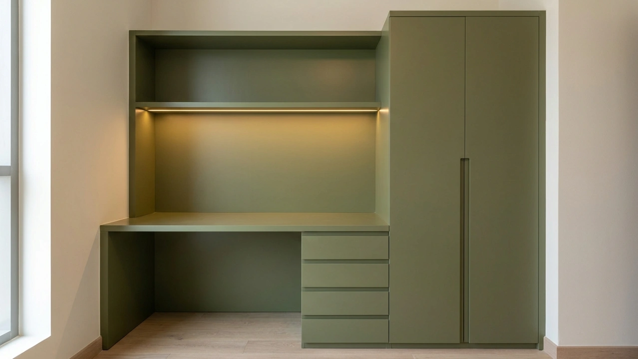 Custom built-in bedroom to study conversion in olive green with desk and wardrobe cabinet in JVC Dubai apartment