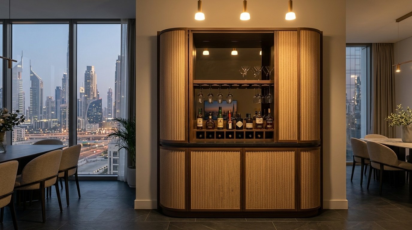 Tambour fluted rattan-panel dining bar cabinet with bottle rack and mirror back in Business Bay Dubai