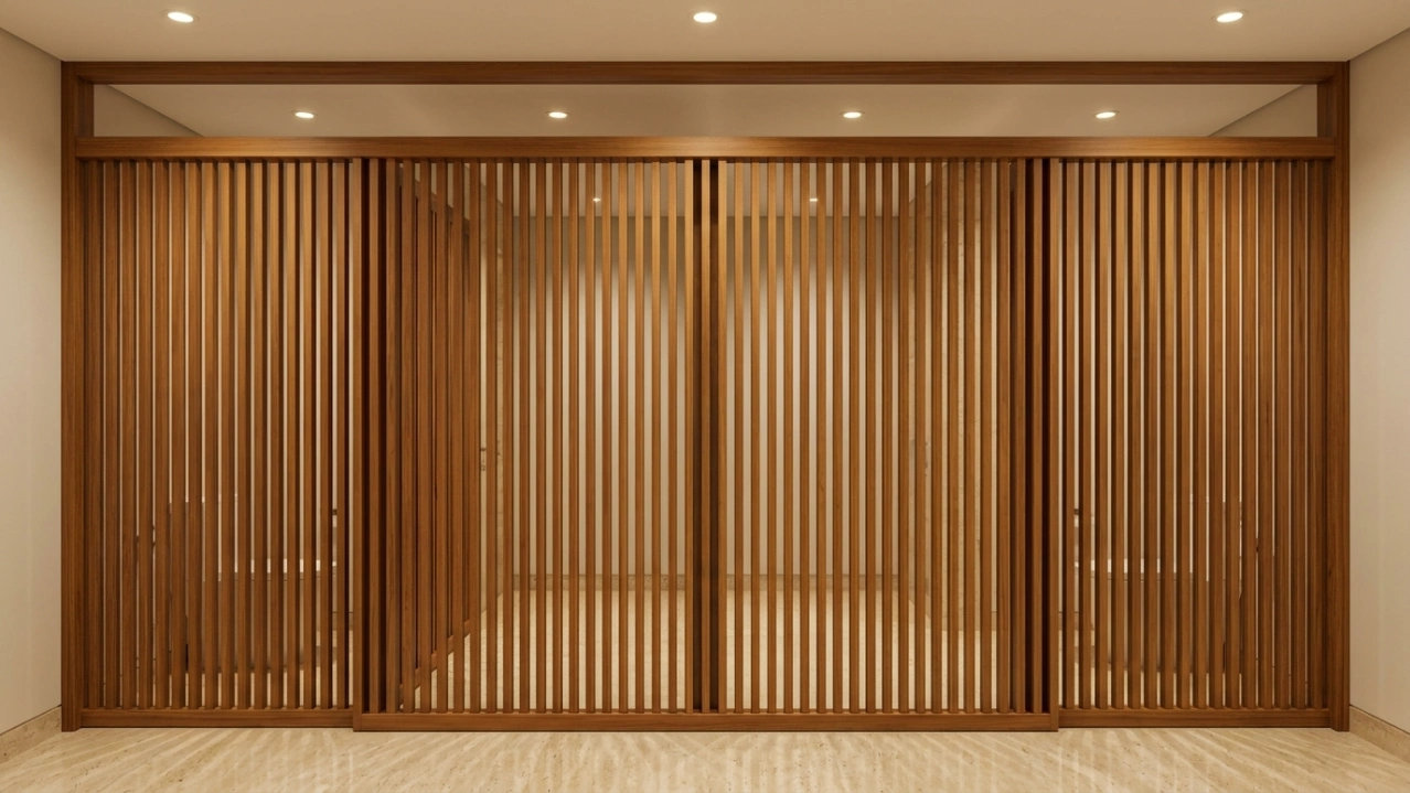 Custom teak slatted privacy screen partition separating toilet zone in a Dubai villa master bathroom by Karnak Carpentry