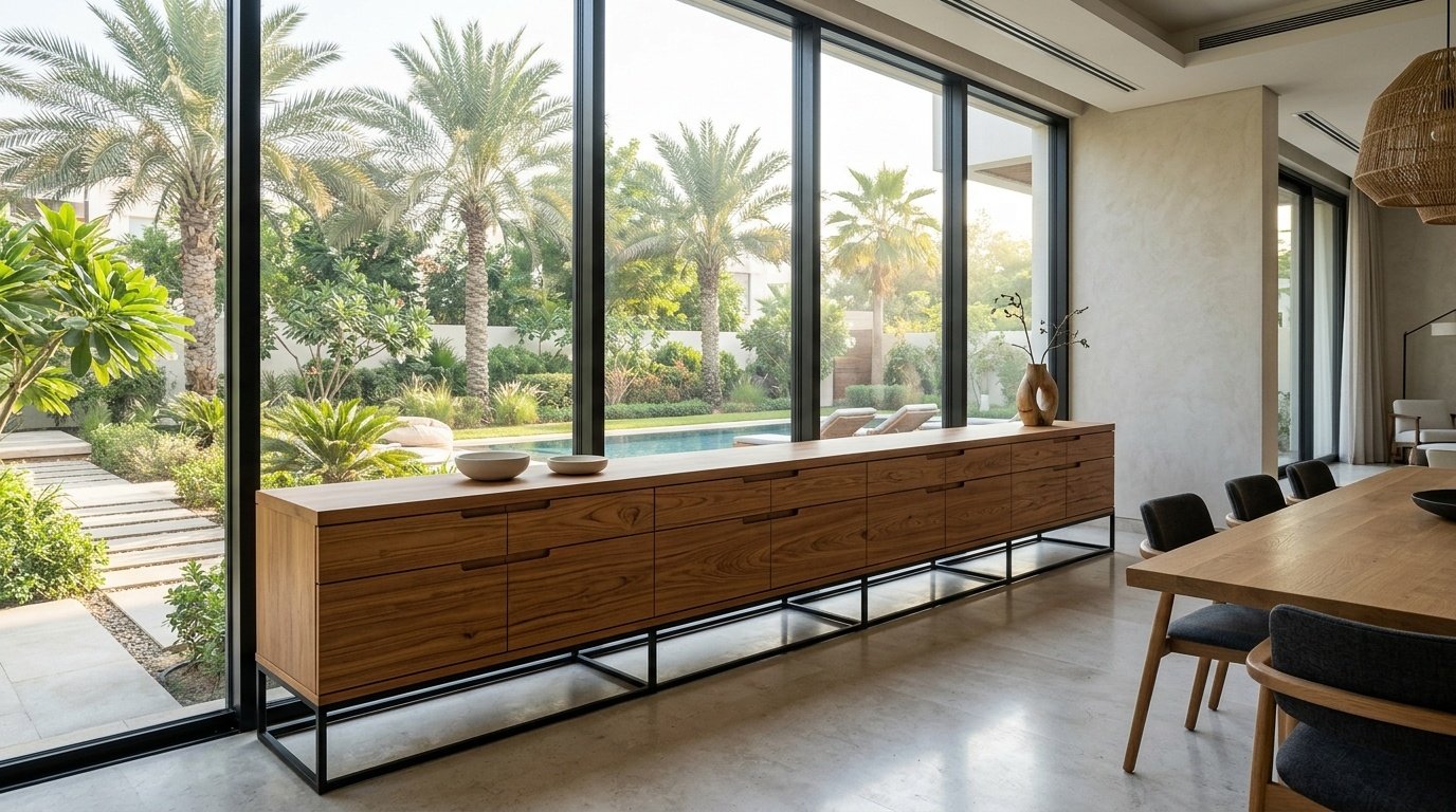 Custom teak veneer dining service counter beneath window wall with garden view in Nad Al Sheba Dubai villa