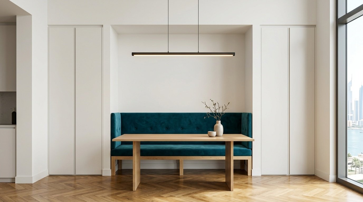 Custom dining alcove seat with teal velvet bench and flanking white lacquer cabinet towers in Dubai Creek Harbour