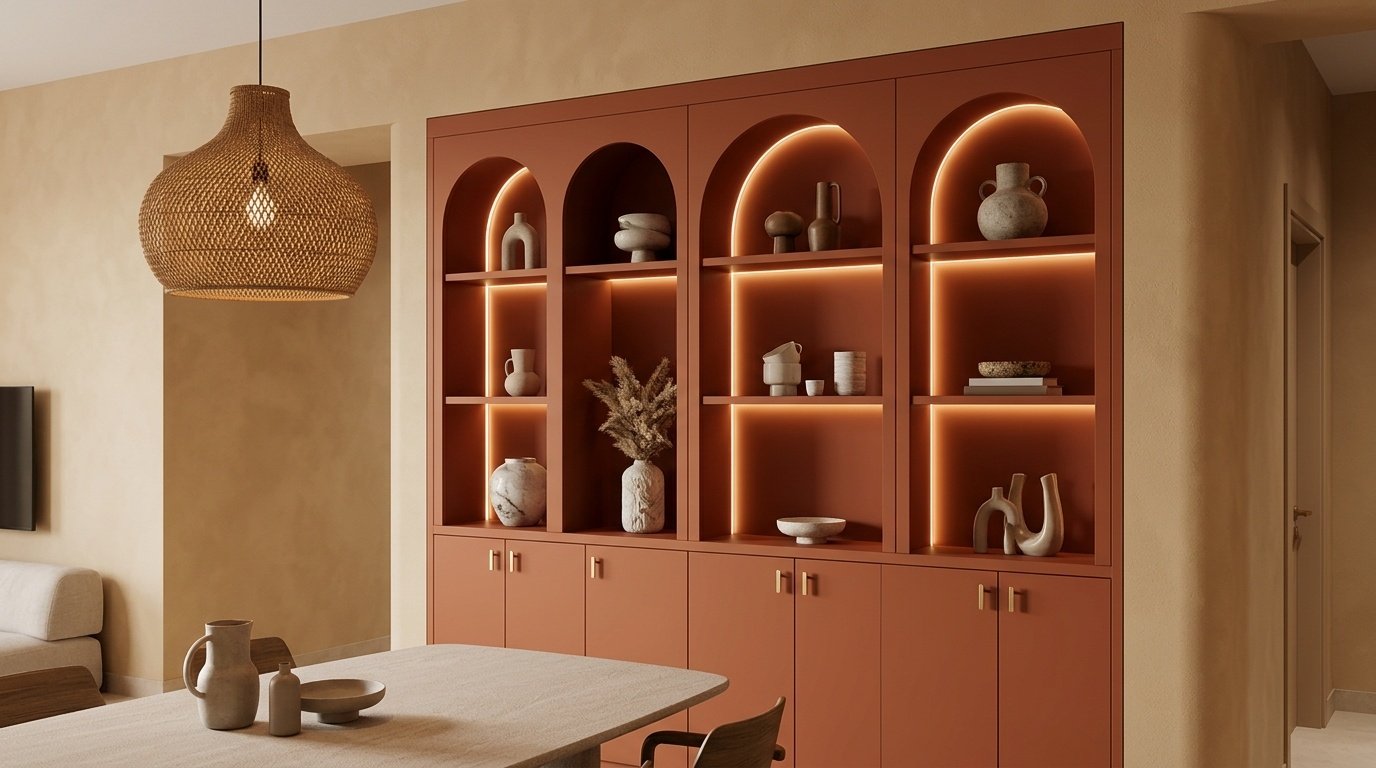Terracotta lacquer built-in dining cabinet with arched display niches and gold handles in JVC Dubai townhouse