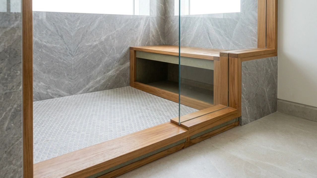 Custom moisture-resistant timber framed shower enclosure with built-in teak seat and marble tile surround in a Dubai villa by Karnak Carpentry