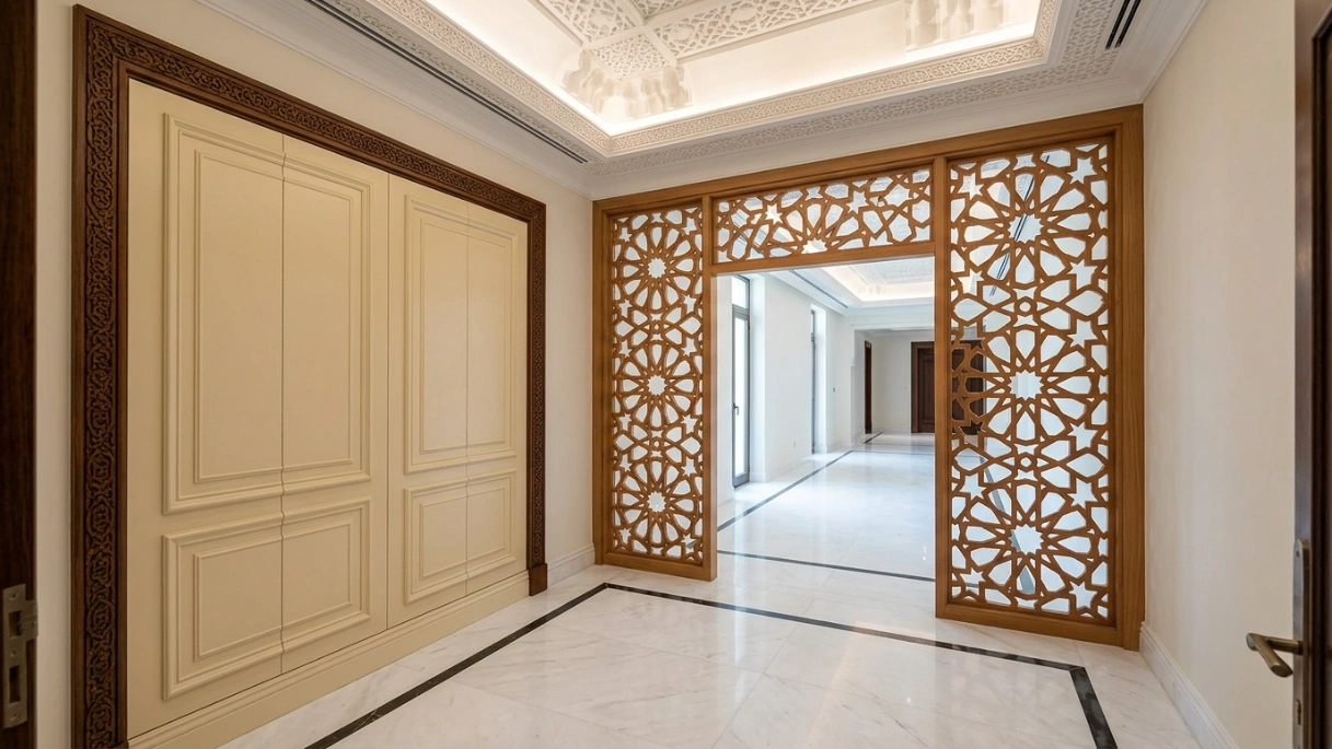 Traditional Arabic entrance hall with carved cedar geometric screen partition and raised moulded wall panels in a Jumeirah Dubai villa by Karnak Carpentry