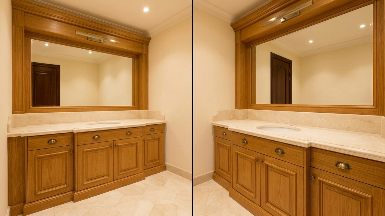 Traditional honey oak raised-panel bathroom vanity with brass hardware and cream marble countertop in a Jumeirah Dubai villa by Karnak Carpentry