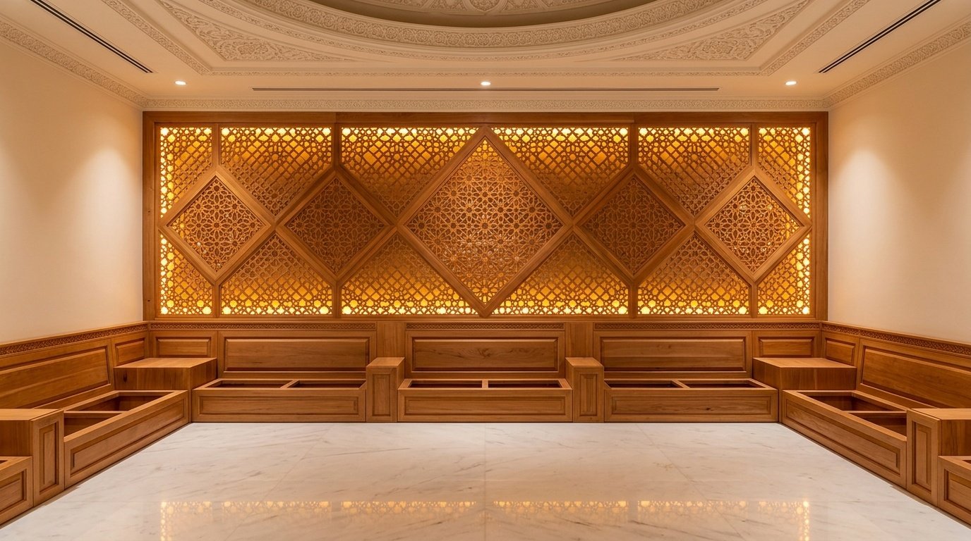 Custom traditional majlis with carved cedar mashrabiya screen panel and built-in banquette frames in an Arabian Ranches Dubai villa by Karnak Carpentry